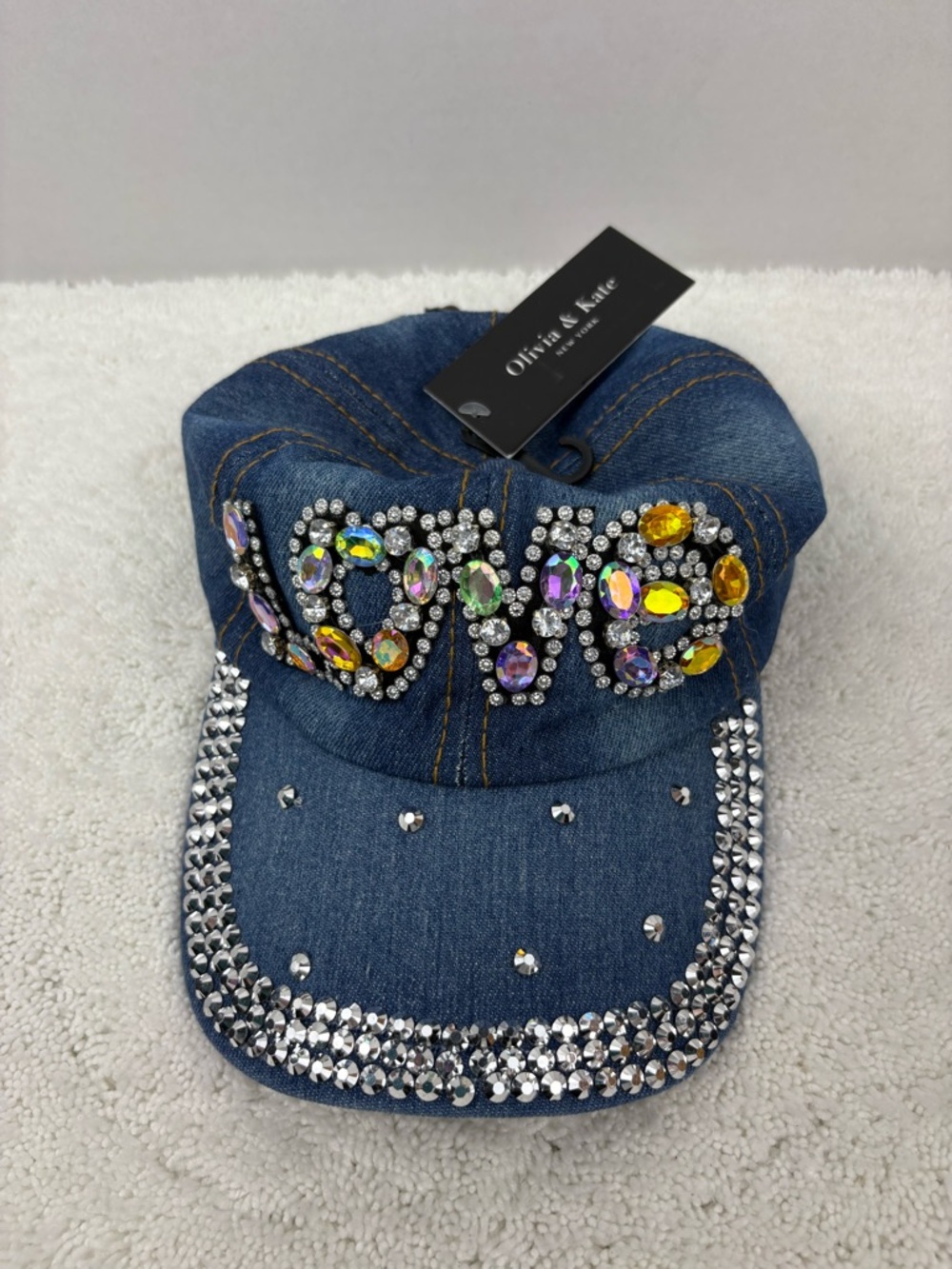 NWT Olivia & Kate Denim Baseball Cap with Rhinestone-Studded “LOVE” Text